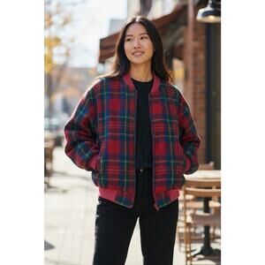 Vintage Adolfo Plaid Zip Up Jacket Lined Red Green Bomber Coat Wool Tartan